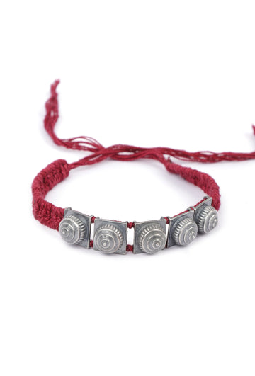Set Of 2: Zinal Maroon Thread & Antique Plated Brass Beaded Anklets